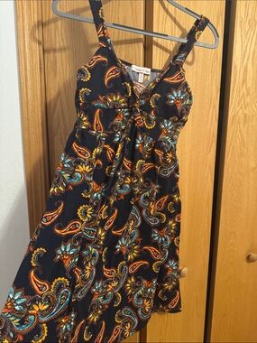 Floral Paisley Midi Dress in Black with Orange & Teal Accents